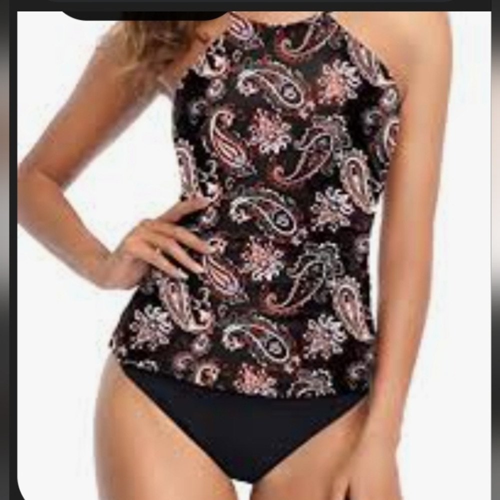NEW Black Paisley Halter Tankini Top with Black Bottoms Size Large